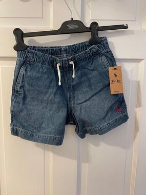 Polo by Ralph Lauren Boys Drawstring Shorts - Denim Blue with Red Logo, Size 8